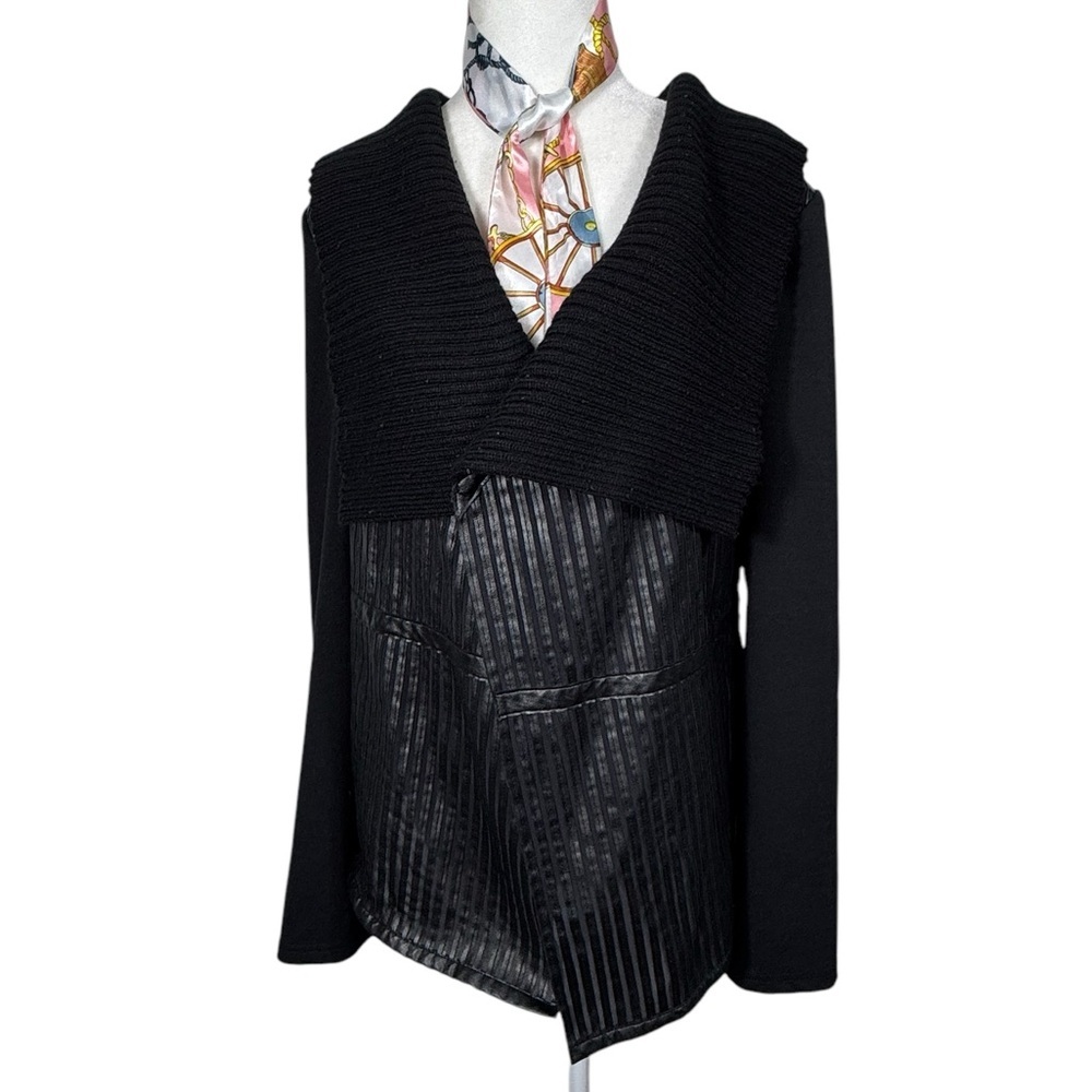 Rafaella Studio Black Ponte Knit Faux Leather Drape Front Jacket Women's Sz 12
